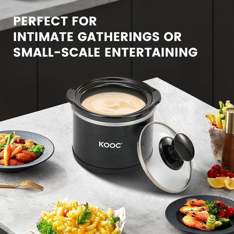 KOOC Small Slow Cooker, 0.65 Quart, Free Liners Included, Upgraded Ceramic Pot, Nutrient Loss Reduction, Sauces, Stews & Dips, Stainless Steel, Black, Round - Image 3